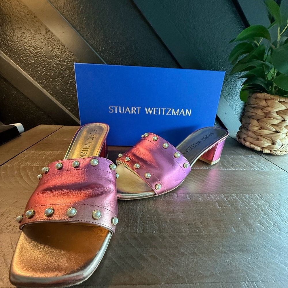 Stuart Weitzman Pink and Gold Mules with Studded Details